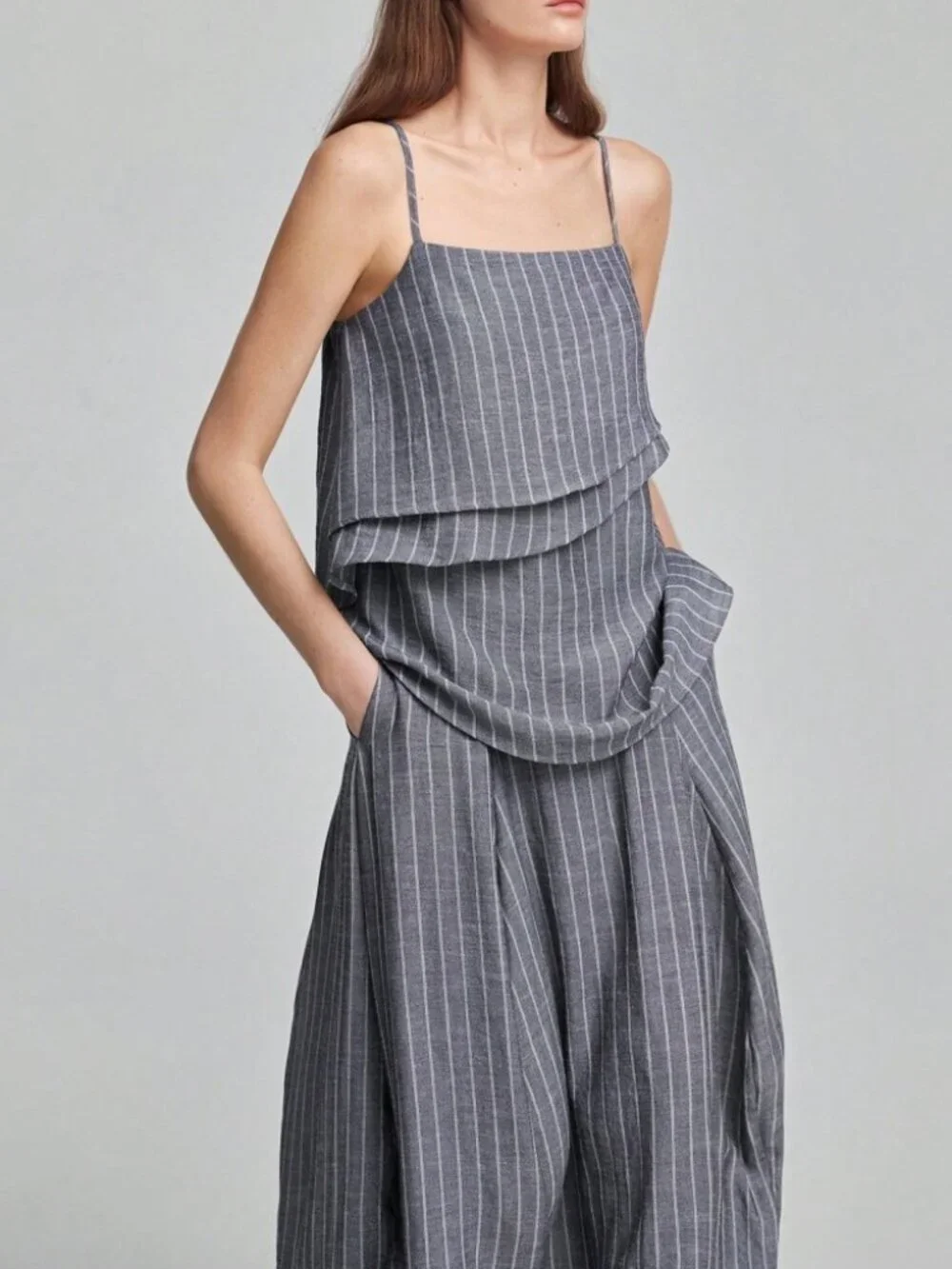 Gray Pinstripe Tiered Cami Top & Maxi Skirt Set